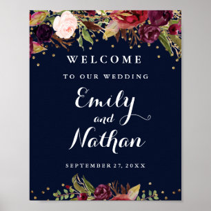 Affiches Panneau de bienvenue de mariage bordeaux or marine