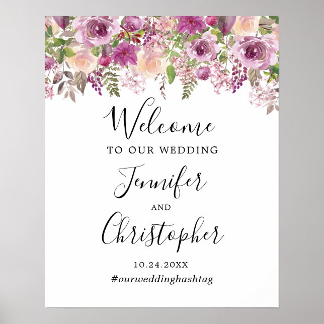 Affiches Panneau de bienvenue de mariage floral violet pour (Devant)