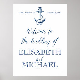 Affiches Panneau de bienvenue du Mariage nautique, bleu mar