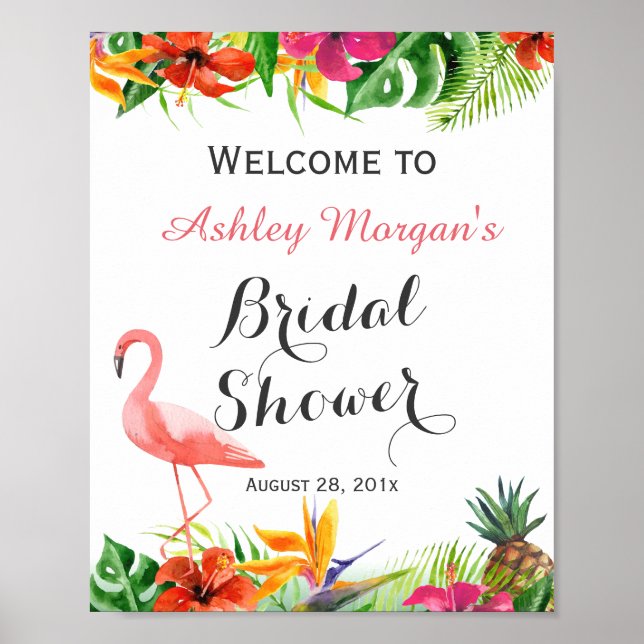 Affiches Panneau de Fête de Mariage Floral Tropical Flamant (Devant)