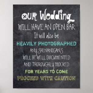 Affiches Panneau de mariage à bar ouvert Attention Drôle