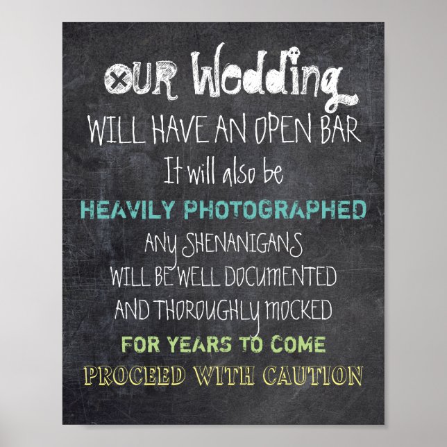 Affiches Panneau de mariage à bar ouvert Attention Drôle (Devant)
