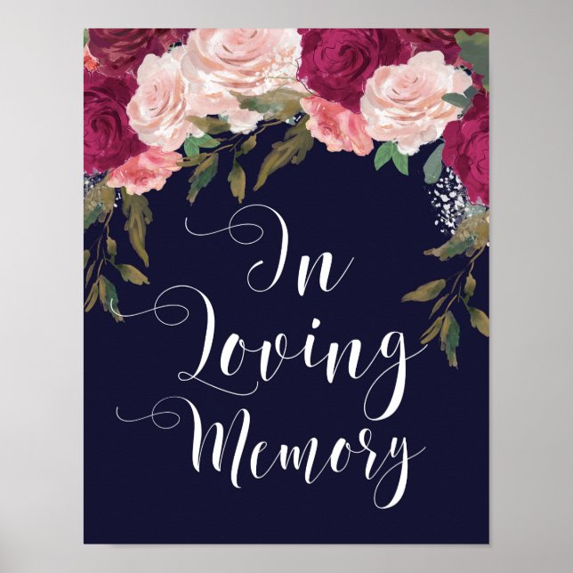 Affiches Panneau de mariage en souvenir, floral bleu marine (Devant)