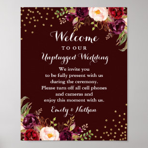Affiches Panneau de mariage floral doré Bourgogne sans appa