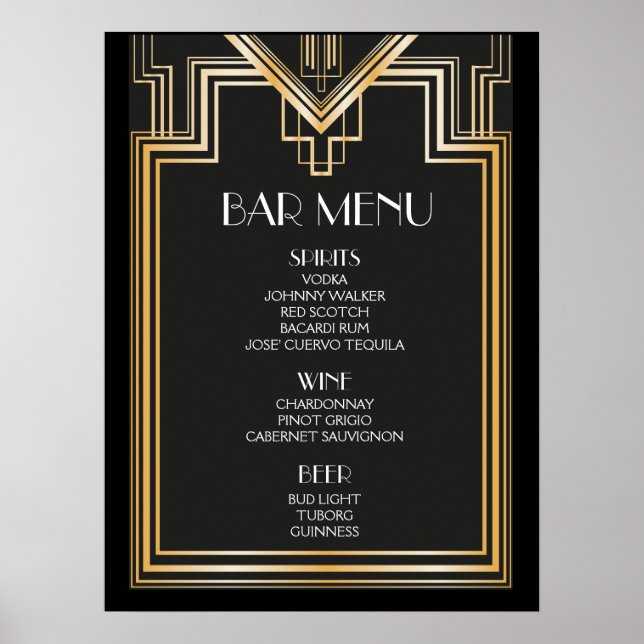 Affiches Panneau de MENU de bar | Mariage inspiré de Gatsby (Devant)