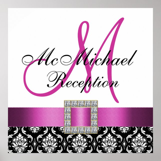 Affiches Panneau de réception Mariage damassé noir rose (Devant)