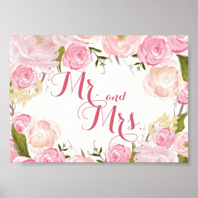 Affiches panneau de shower de mariage fleur rose M. et Mme (Devant)