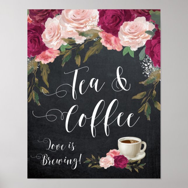 Affiches panneau de thé et café floral bordeaux mariage (Devant)