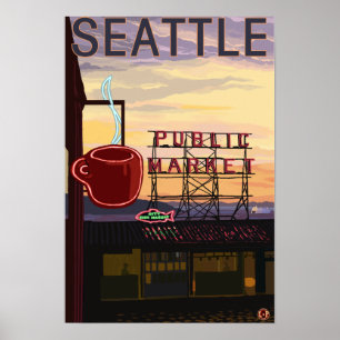 Affiches Panneau du marché de SeattlePike Place et vue sur