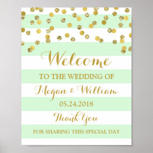 Affiches Panneau Mariage de bienvenue Mint Stripes Gold Con