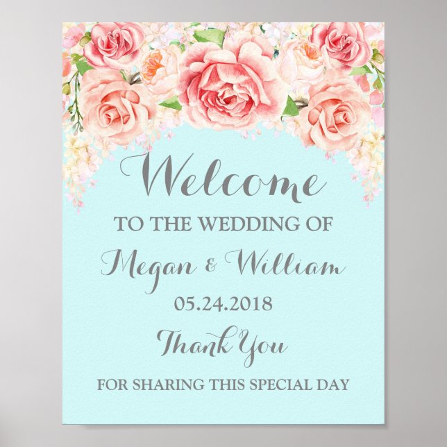 Affiches Panneau Mariage de bienvenue Pink Aquarelle Fleurs (Devant)
