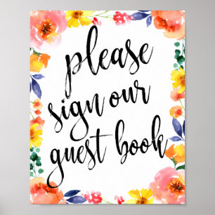 Affiches Panneau mariage Livre d'hôtes Floral Aquarelle 8x1