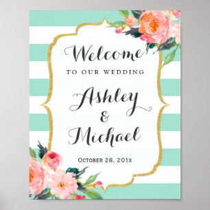 Affiches Panneau Mariage moderne Mint Green Stripes Floral