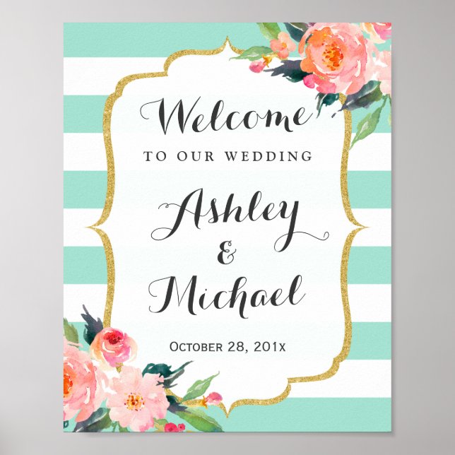Affiches Panneau Mariage moderne Mint Green Stripes Floral  (Devant)