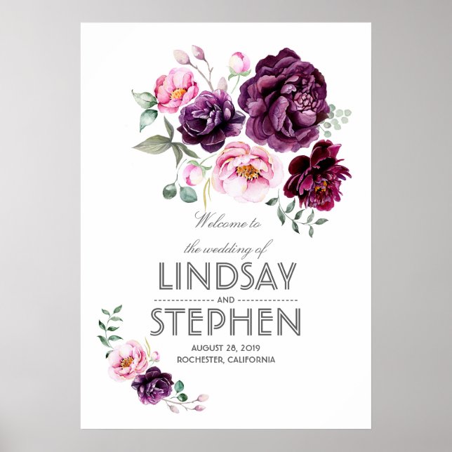 Affiches Panneau Mariage Plum Burgundy Blush Floral (Devant)
