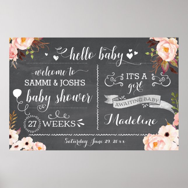 Affiches Panneau Rustique Hello Baby Floral Baby shower (Devant)
