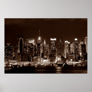Affiches Panoramic Sepia Brown New York City Night Artwork