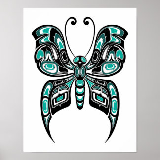 Affiches Papillon bleu et noir Haida Spirit sur blanc