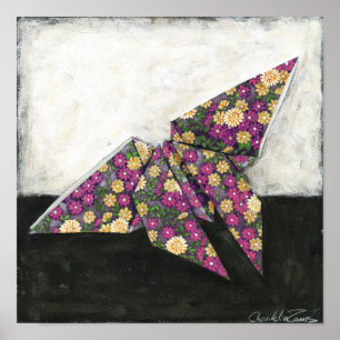 Affiches Papillon d'origami sur le papier floral