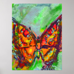 AFFICHES PAPILLON ROUGE DANS DES ÉCLATS BLEUS VERTS SAPHIR