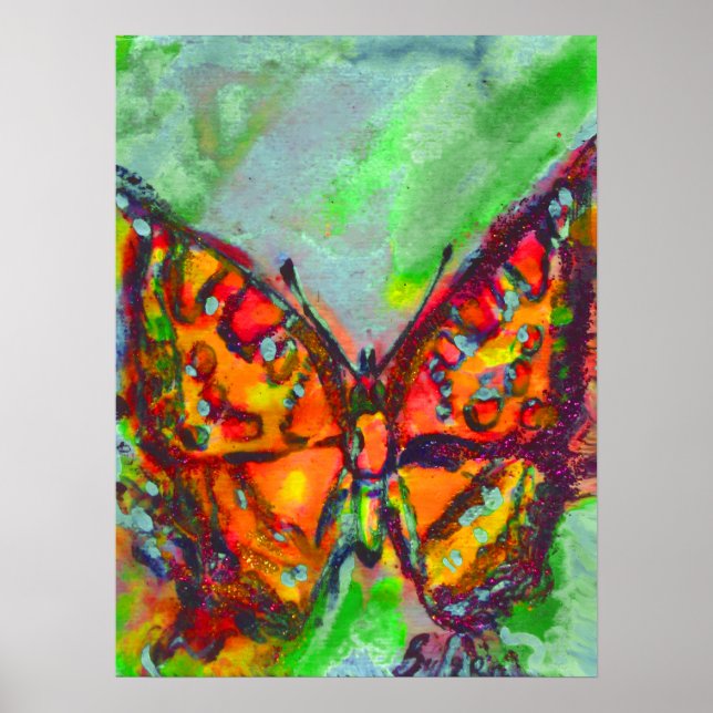 AFFICHES PAPILLON ROUGE DANS DES ÉCLATS BLEUS VERTS SAPHIR  (Devant)