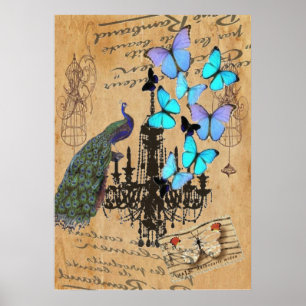 Affiches papillon vintage moderne de bleu de paon de lustre