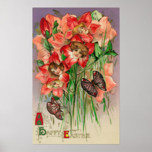 Affiches Pâques joyeuses avec des Fleurs de Tête Féminines
