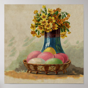 Affiches Pâques Panier Œufs Fleurs Antique