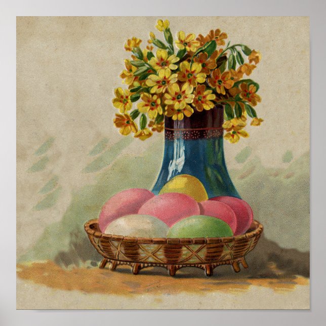 Affiches Pâques Panier Œufs Fleurs Antique (Devant)