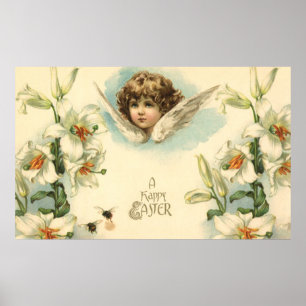 Affiches Pâques vintage, ange victorien avec fleurs de lys