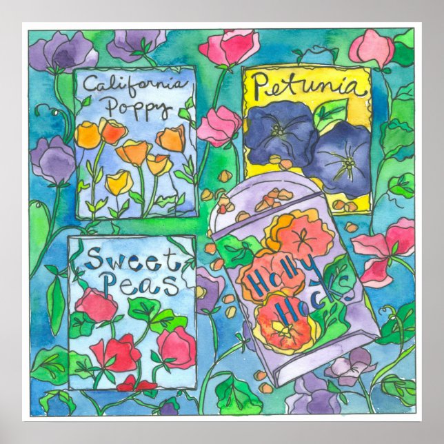 Affiches Paquets de graines de fleurs d'aquarelle (Devant)