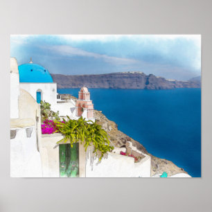 Affiches Paradis Grec. Peinture d'aquarelle de Santorini