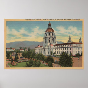 Affiches Pasadena, CA - vue de ville hôtel et public Librar