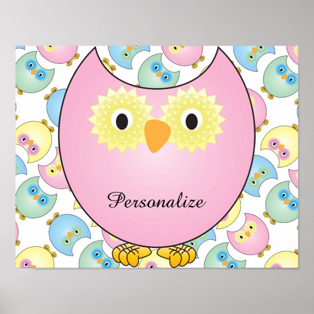 Affiches Pastel Baby Owl Nursery Thème en rose (Devant)