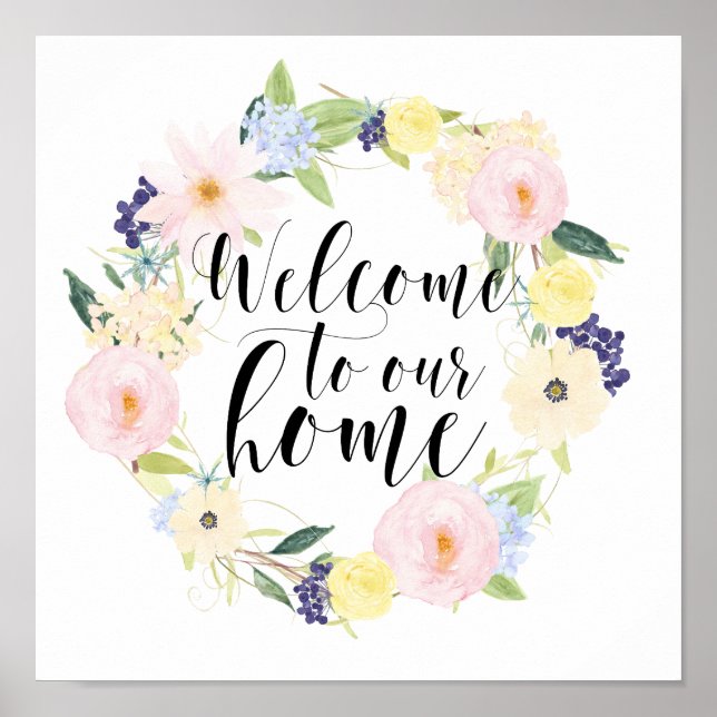 Affiches Pastel Spring Floral Wreath Bienvenue Dans Notre M (Devant)
