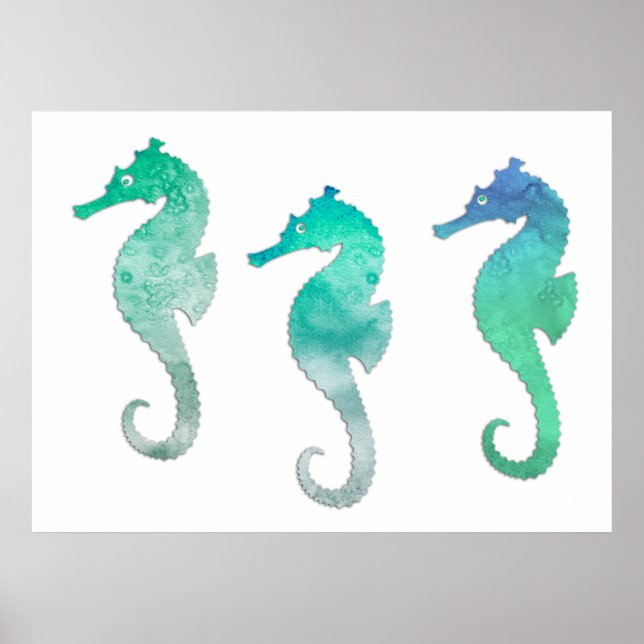 Affiches Pastel Vert Aquarelle Hippocampes (Devant)