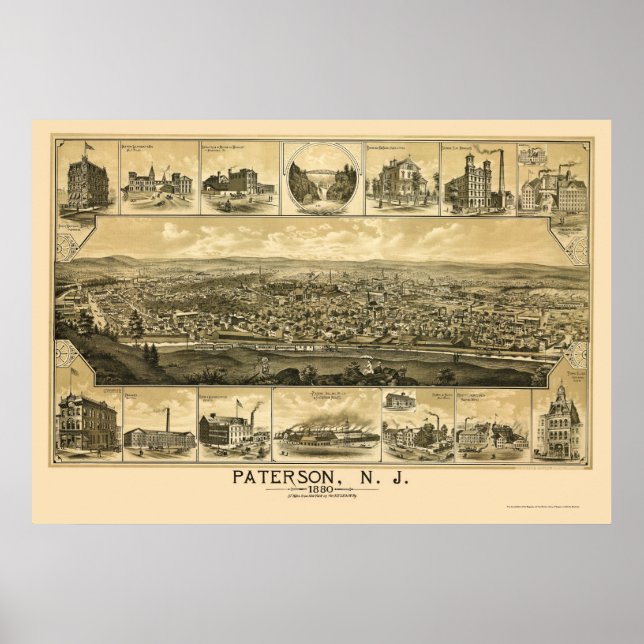 Affiches Paterson, NJ Panoramic Map - 1880 (Devant)