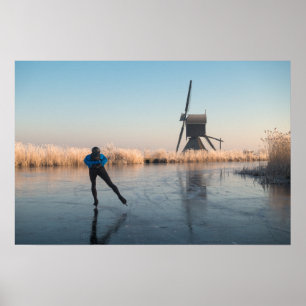 Affiches Patinage à glace au-delà moulin à vent et roseaux