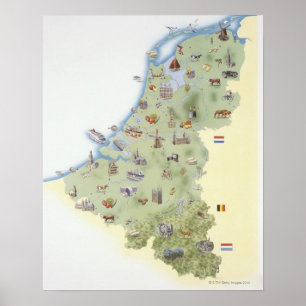 Affiches Pays-Bas, carte montrant les caractéristiques dist