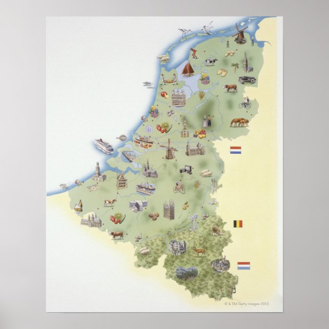 Affiches Pays-Bas, carte montrant les caractéristiques dist (Devant)
