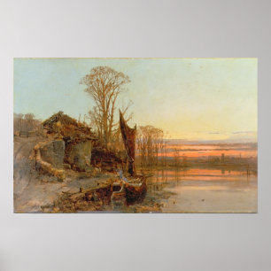 Affiches Paysage avec un chalet en ruine au coucher du sole