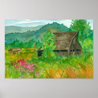 Affiches Paysage de la campagne de la grange pois doux aqua