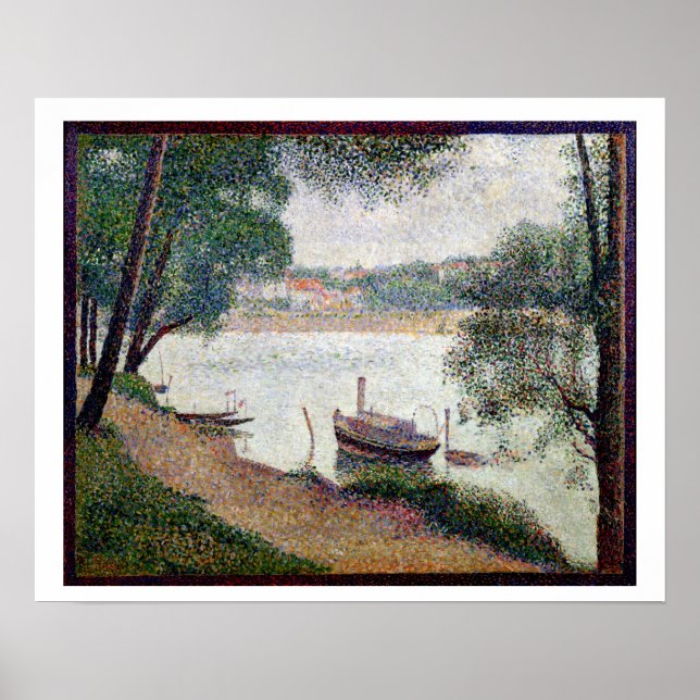 Affiches Paysage fluvial avec bateau (Devant)