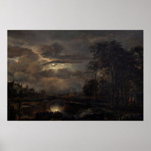 Affiches Paysage Lune avec Pont par Aert van der Neer