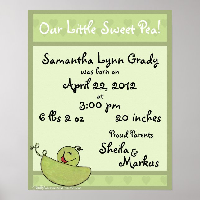 Affiches Pea Pod Baby Information sur la naissance (Devant)