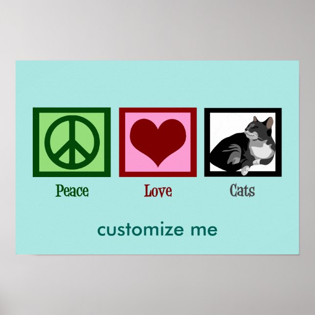 Affiches Peace Love Chats Cute Turquoise (Devant)