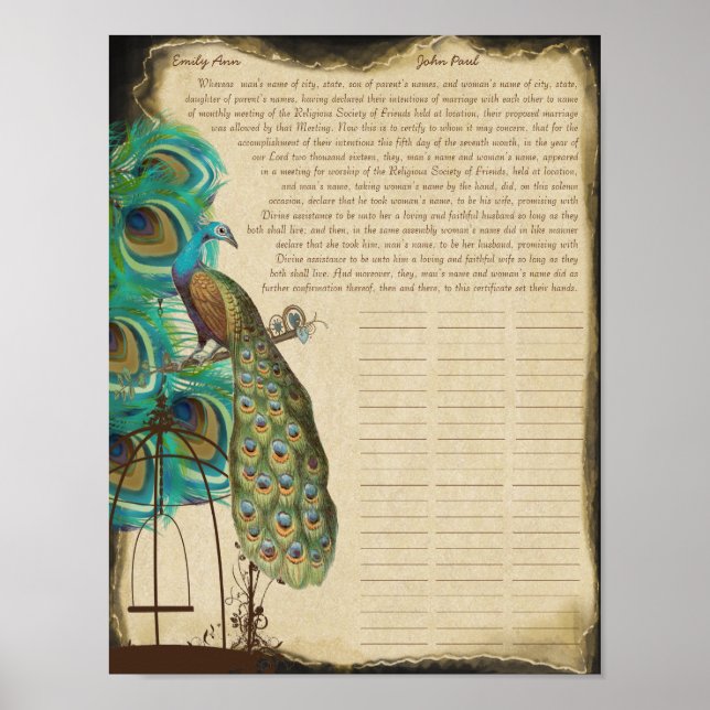 Affiches Peacock Bird Cage Print Quaker Certificat Mariage (Devant)