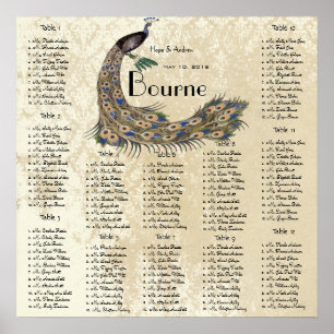 Affiches Peacock Damask Wedding Seating Chart 12 Tables