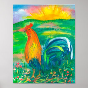 Affiches Peinture à l'aquarelle de poulet au coq