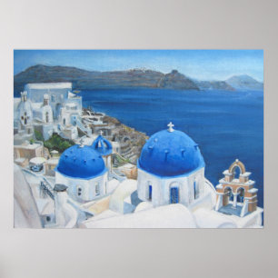 Affiches Peinture à l'huile bleue d'église de Santorini O